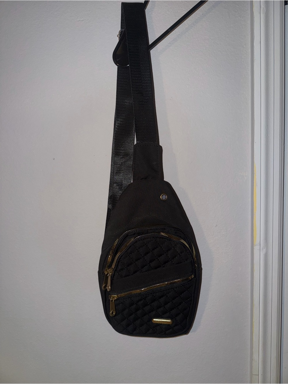 Black Quilted Sling Bag – Crossbody Chest Bag with Gold Hardware
